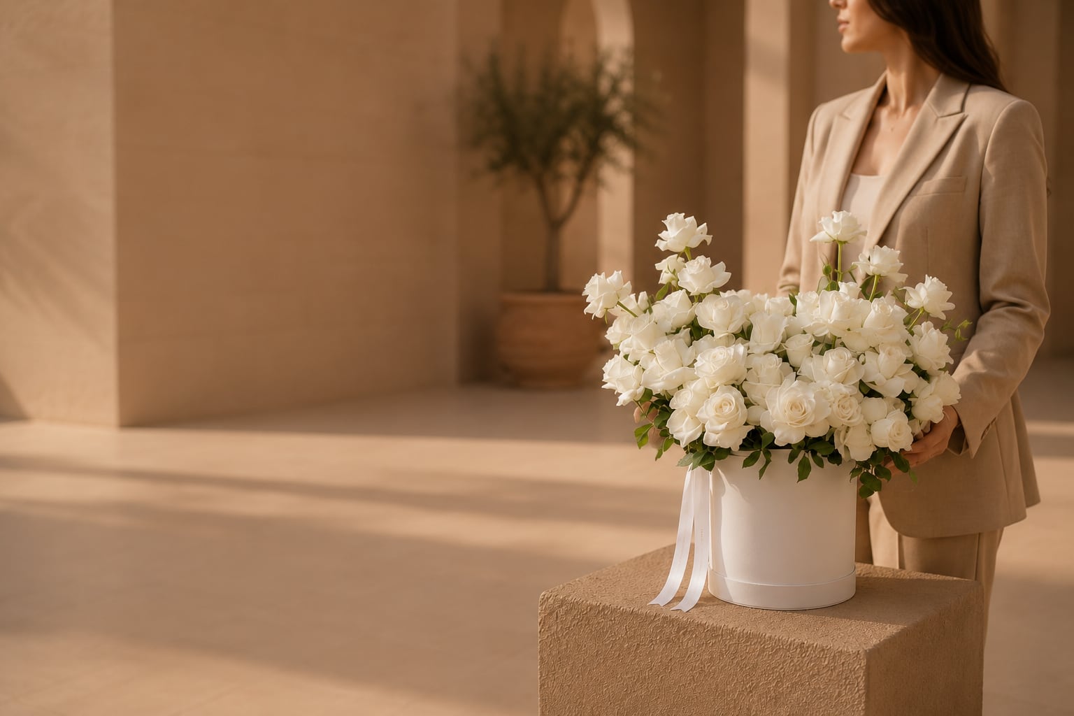 Woman in a beige suit holding a white rose box arrangement — Wedding Flower Bouquets by Aiwa Flowers Dubai