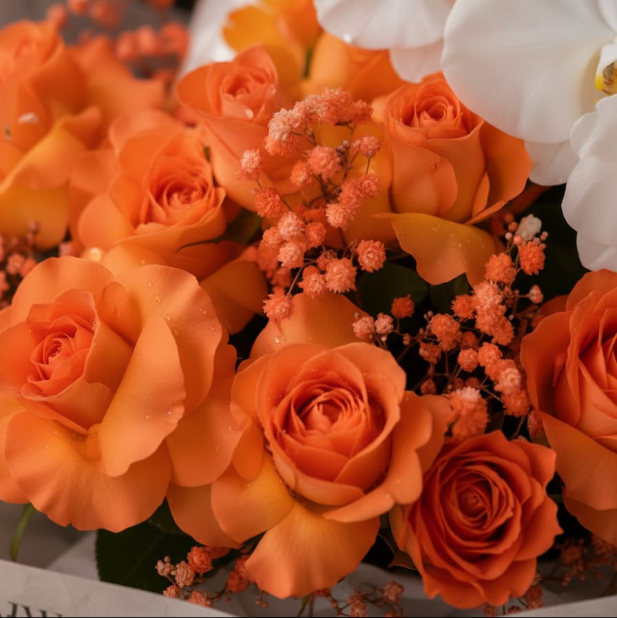 Close-up of orange roses and white orchids in a luxury bouquet by AIWA Flowers Dubai