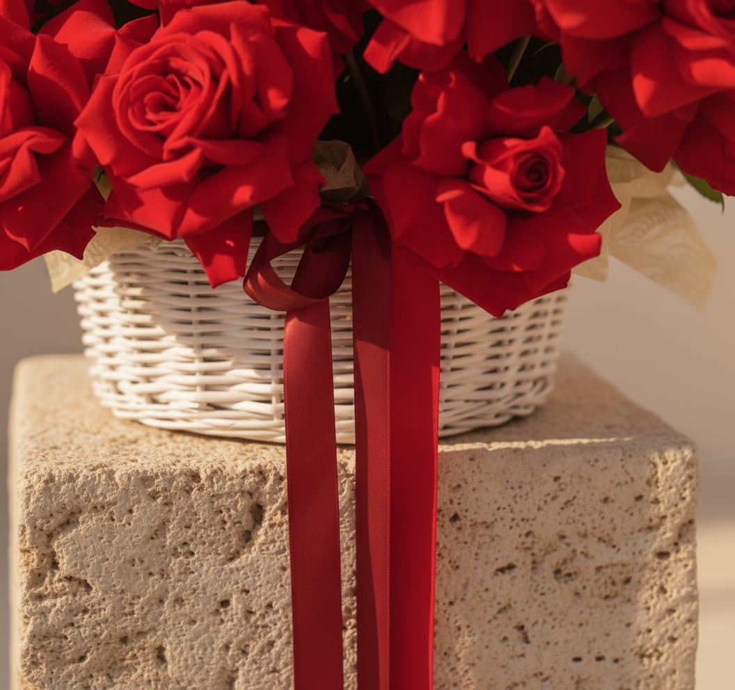 Close-up of red roses and ribbon in a woven basket by AIWA Flowers Dubai