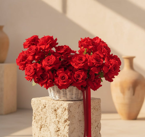 Red rose heart-shaped basket arrangement by AIWA Flowers Dubai