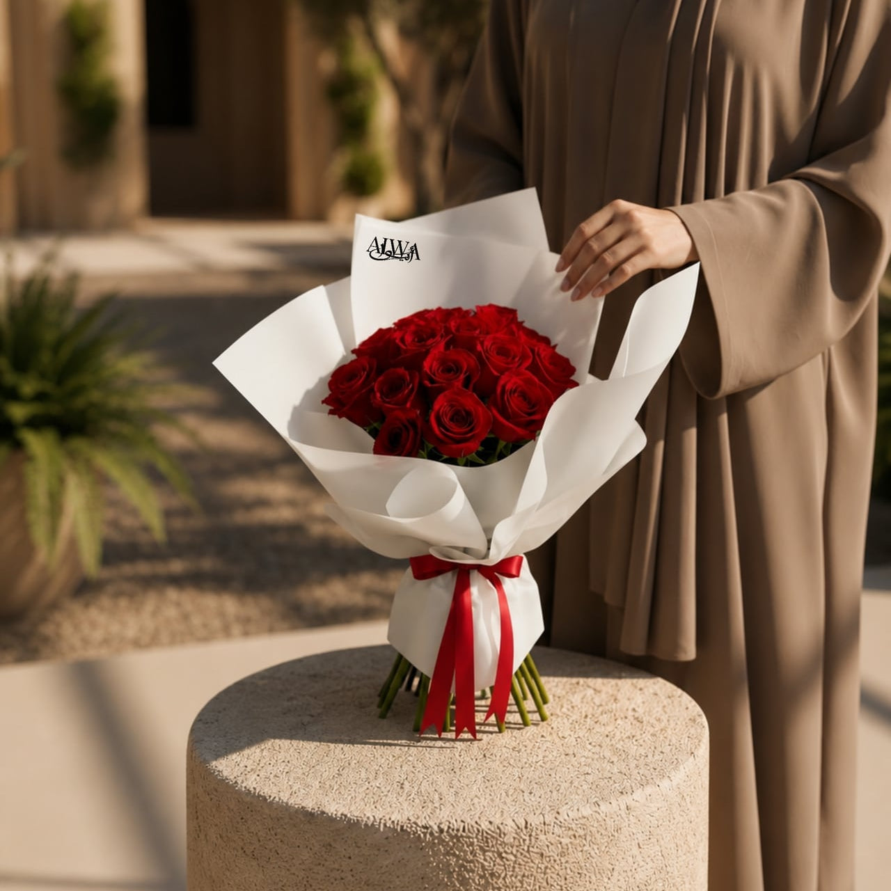 Woman holding a red rose bouquet in white wrap by AIWA Flowers Dubai