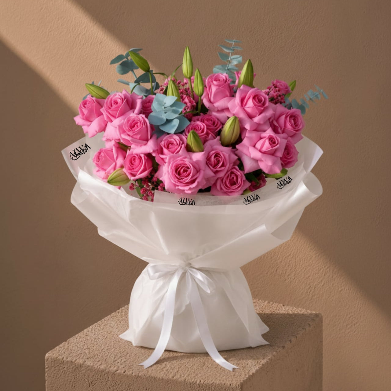 Pink rose bouquet with lily buds and eucalyptus by AIWA Flowers Dubai