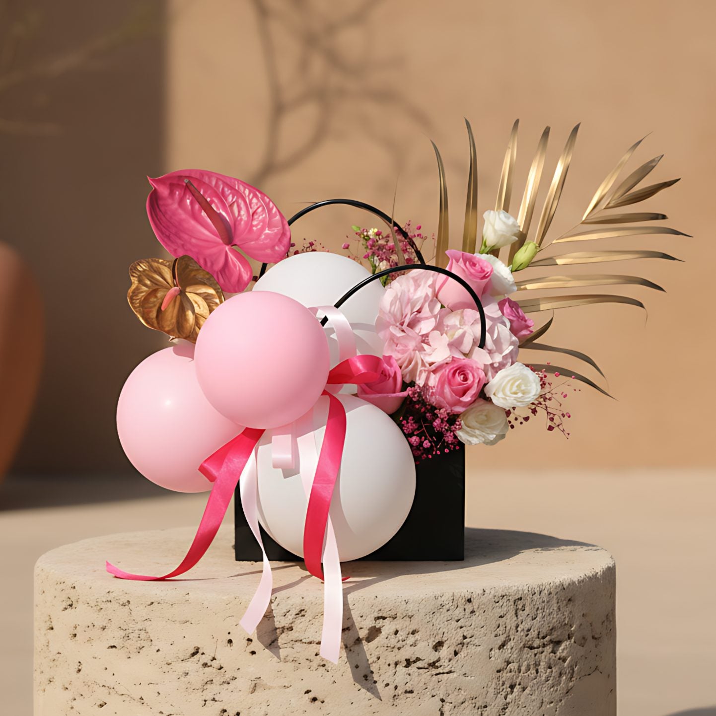 Bubblegum floral bag box with pink and white balloons, pink roses, hydrangea and anthuriums by Aiwa Flowers