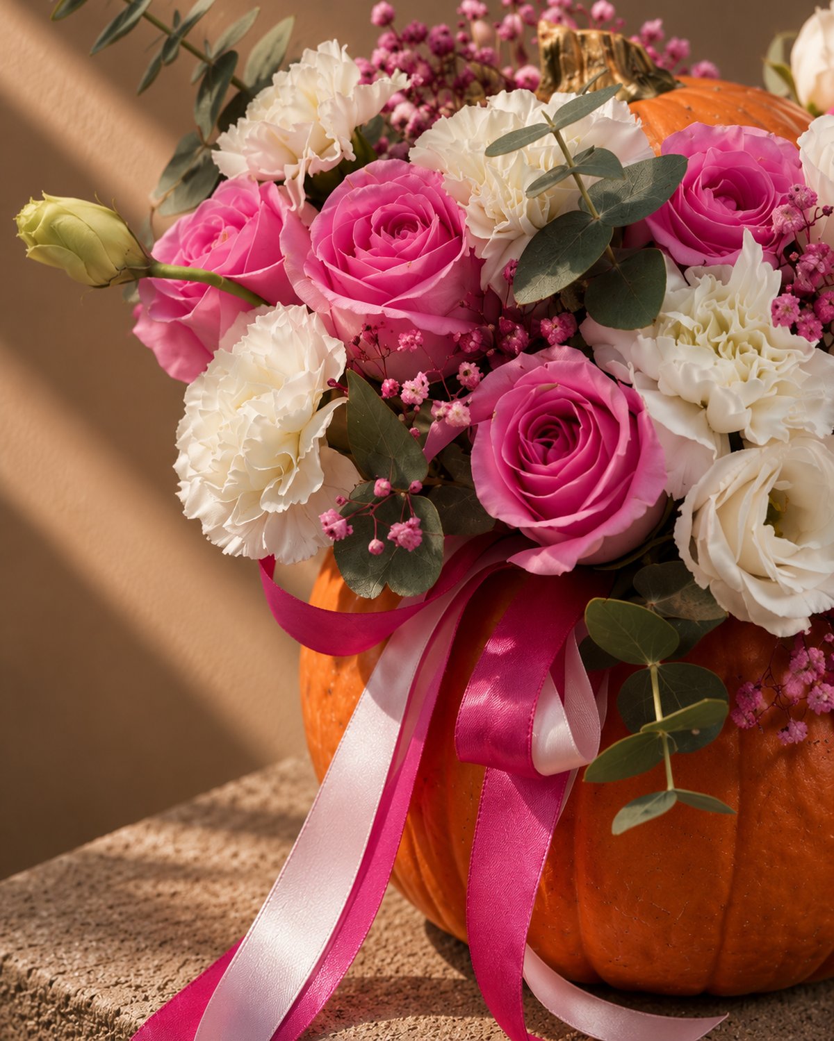 Close-up of pink roses, white carnations and eucalyptus in the Candy Muncher pumpkin arrangement