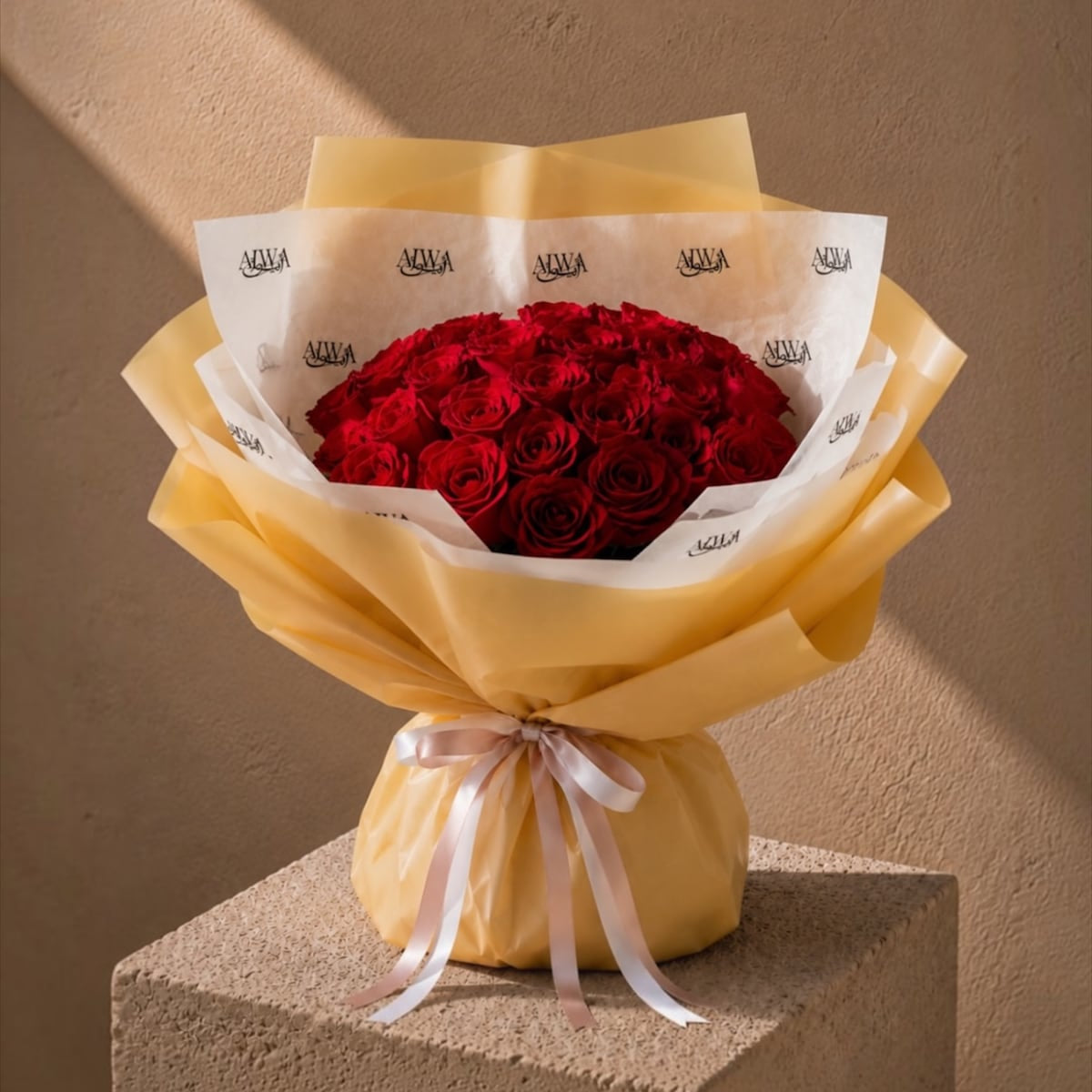 Red rose bouquet in elegant gold wrapping by AIWA Flowers Dubai