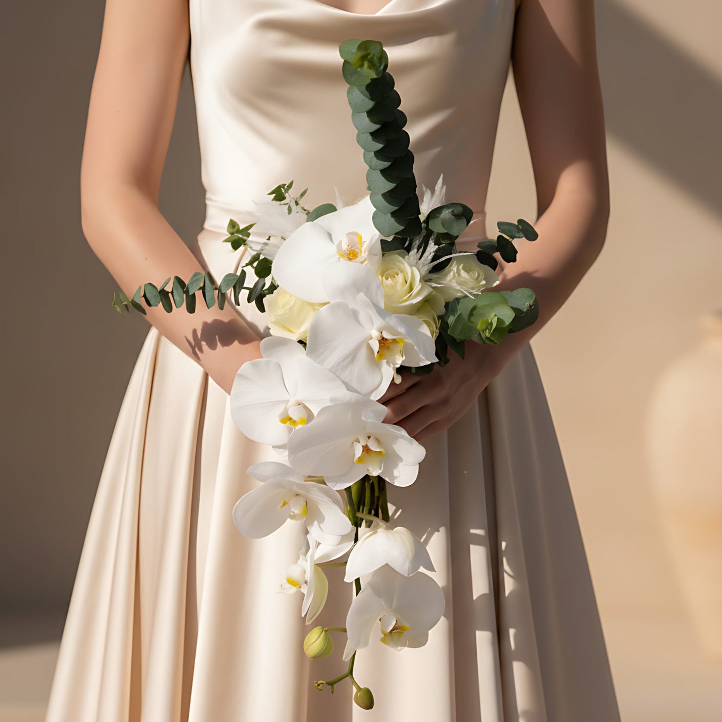 Cascade bridal bouquet with orchid stem, white roses, eucalyptus and feather accents by Aiwa Flowers