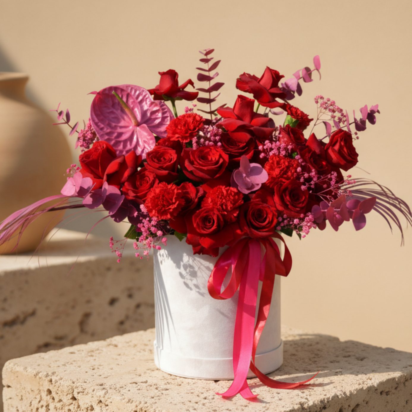 Coral Red floral arrangement with red roses, red carnations, pink anthurium and eucalyptus in a white velvet box by Aiwa Flowers