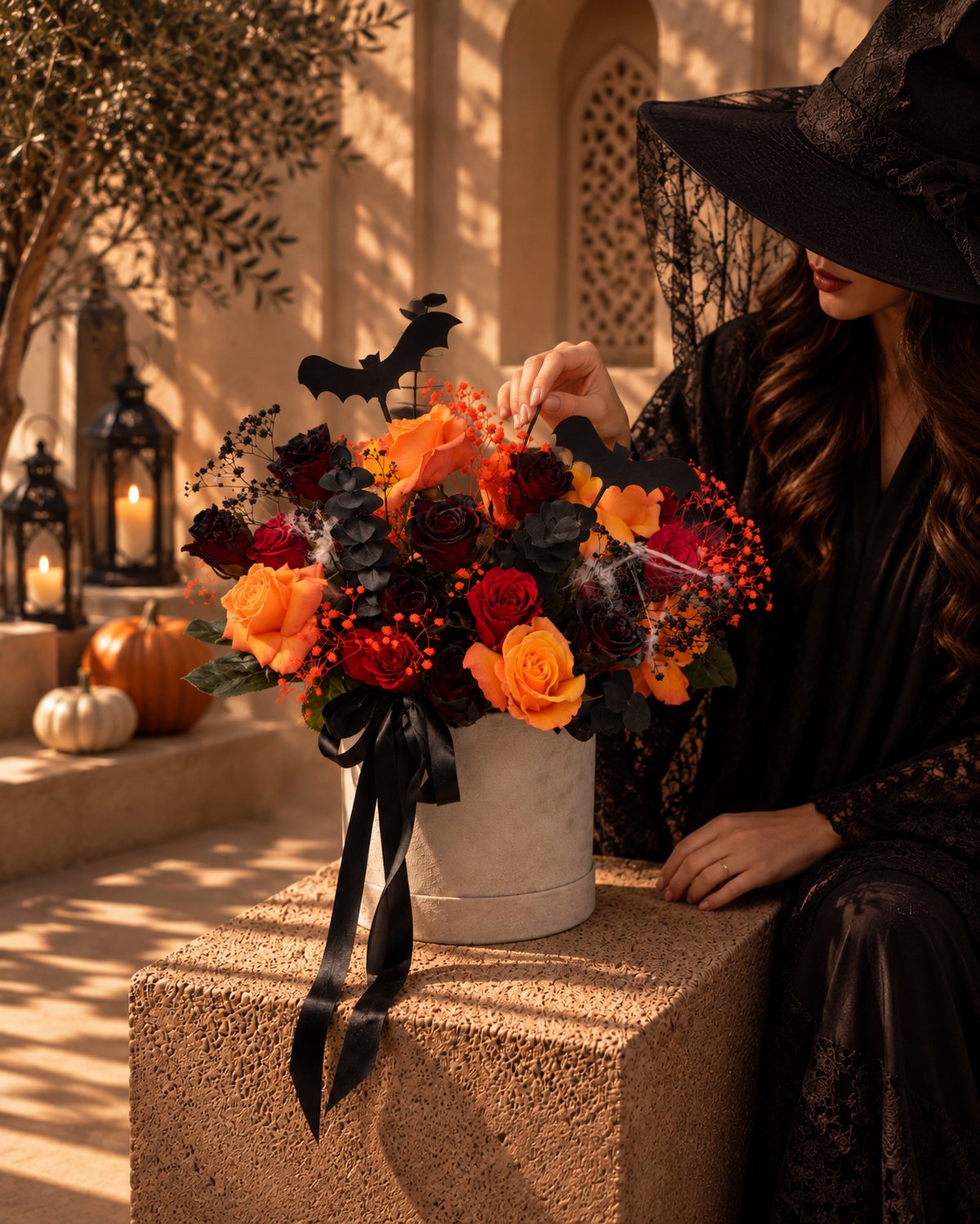 Creeper Halloween rose box styled beside a woman in a witch hat in a lantern-lit courtyard