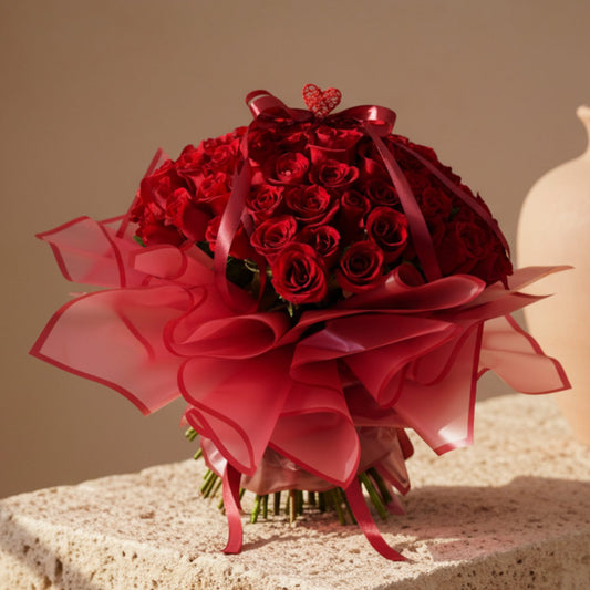 Crimson Valentine hand-tied bouquet with 55 red roses and heart ornaments in red wrapping by Aiwa Flowers