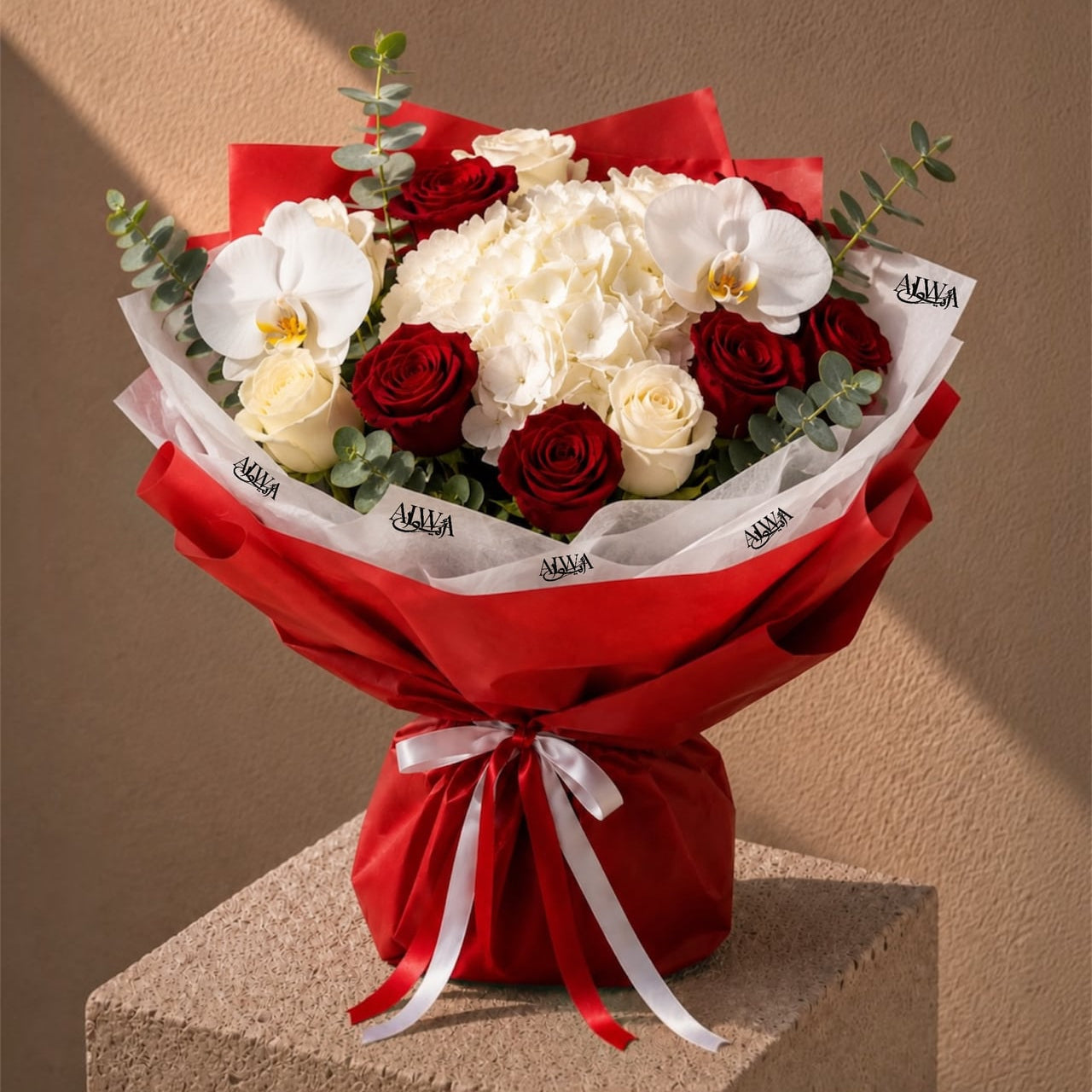Red and white rose bouquet with orchids and hydrangea by AIWA Flowers Dubai