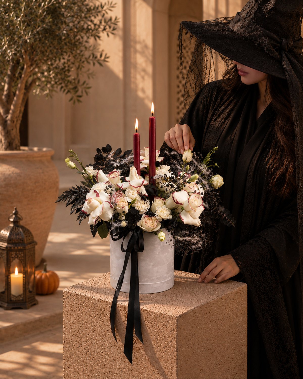 Dagger Halloween candle arrangement styled beside a woman in a witch hat in a courtyard