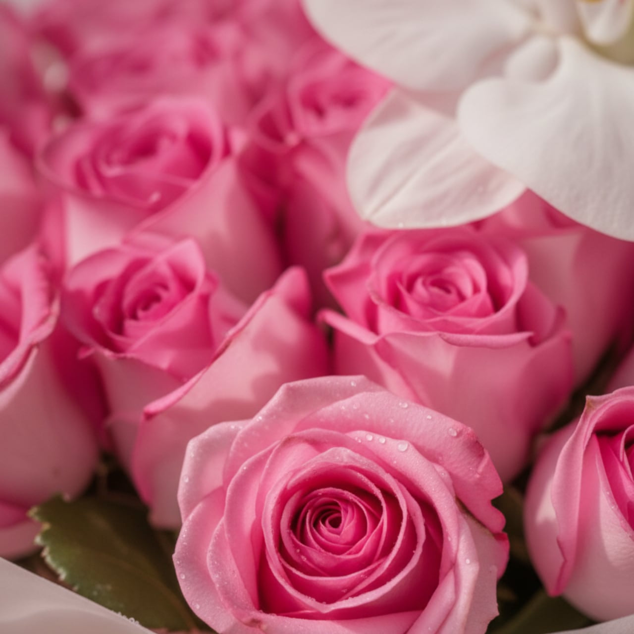 Close-up of pink roses with a white orchid accent by AIWA Flowers Dubai