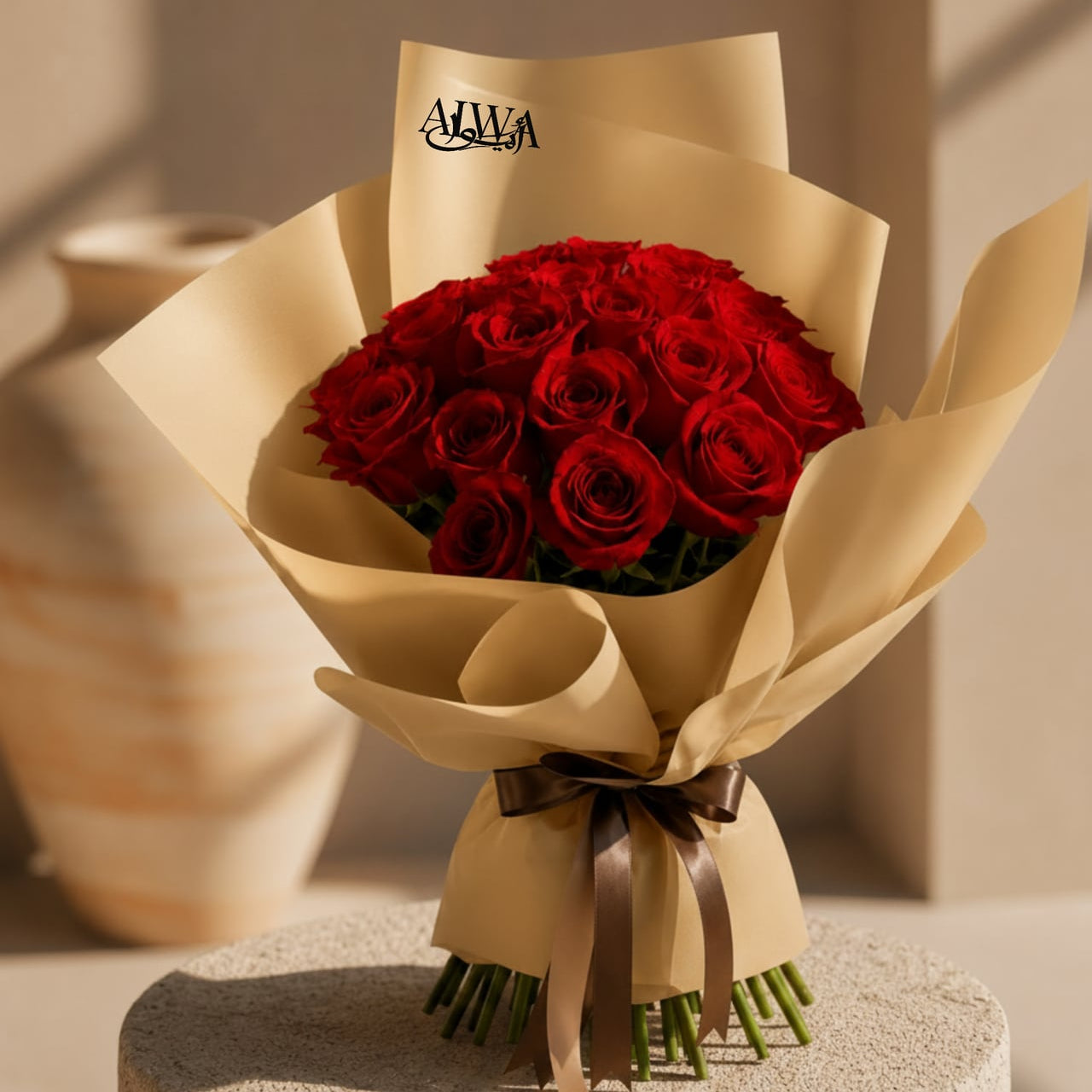Red rose bouquet in elegant gold wrapping by AIWA Flowers Dubai