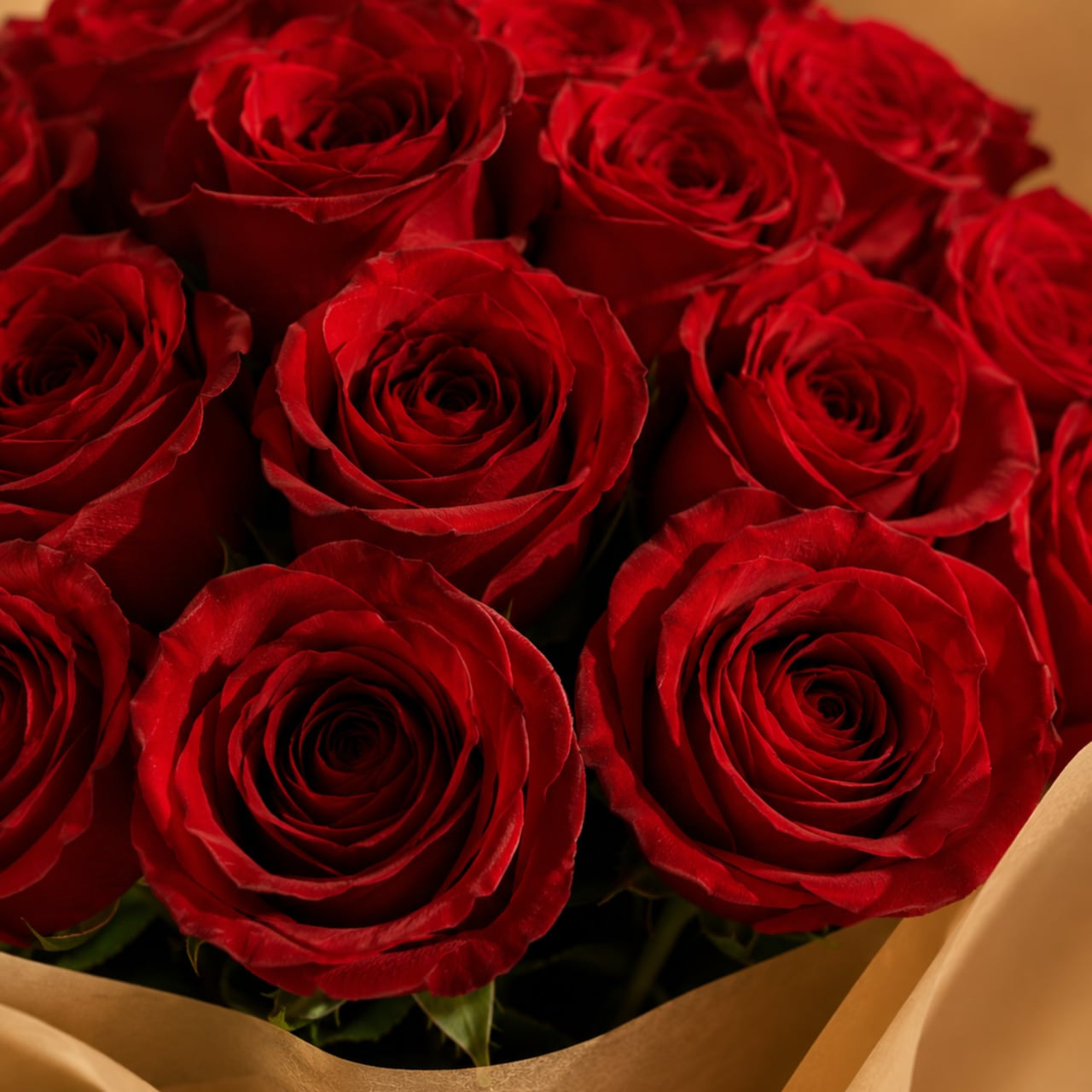 Detail of red rose bouquet in gold paper by AIWA Flowers Dubai