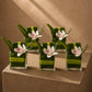 Several Eleanor white cymbidium orchid glass cubes styled on a plinth by AIWA Flowers