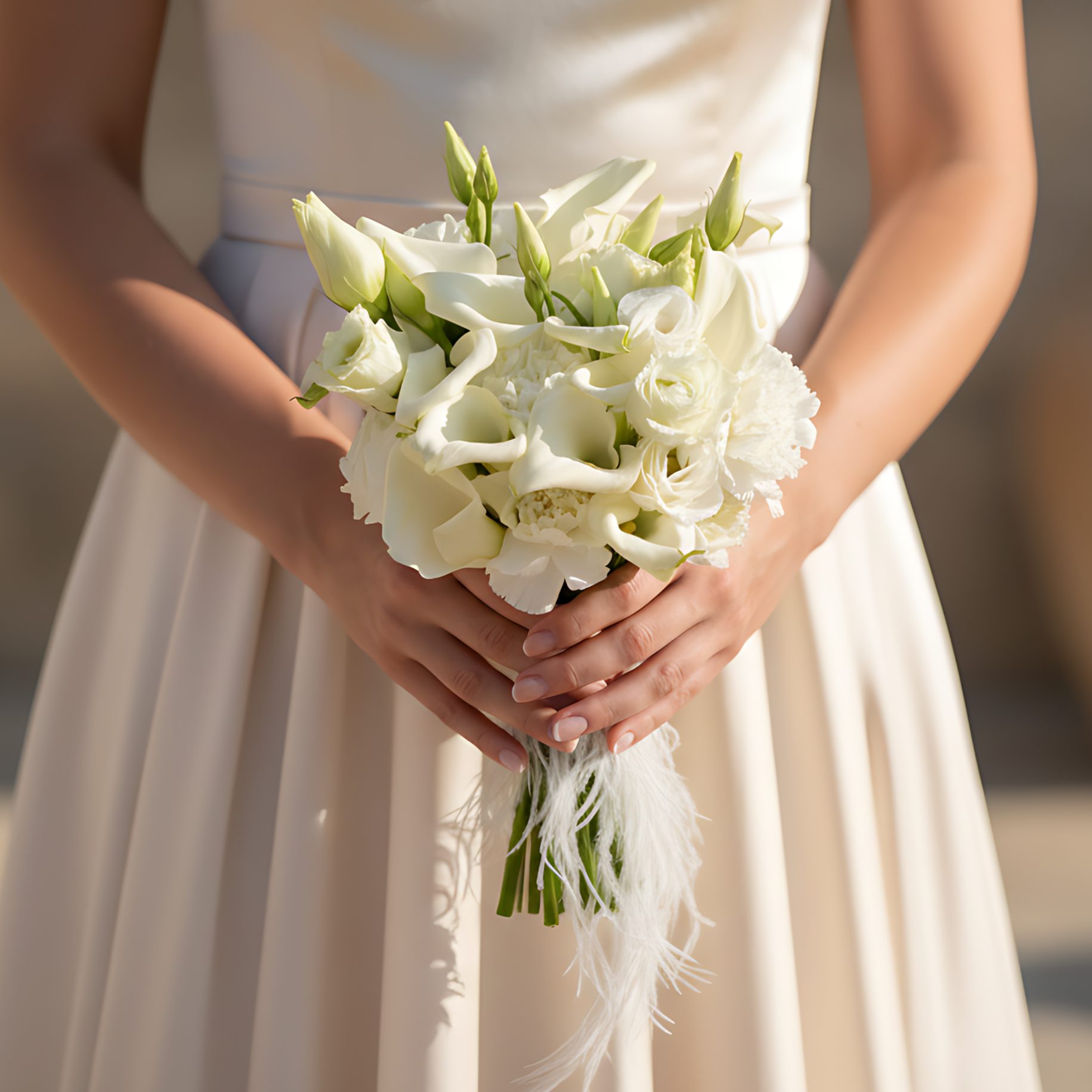 Embrace bridal bouquet with white calla lily, lisianthus, carnation and feather accents by Aiwa Flowers