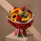 Sunflower, red and yellow rose bouquet in red wrap by AIWA Flowers Dubai