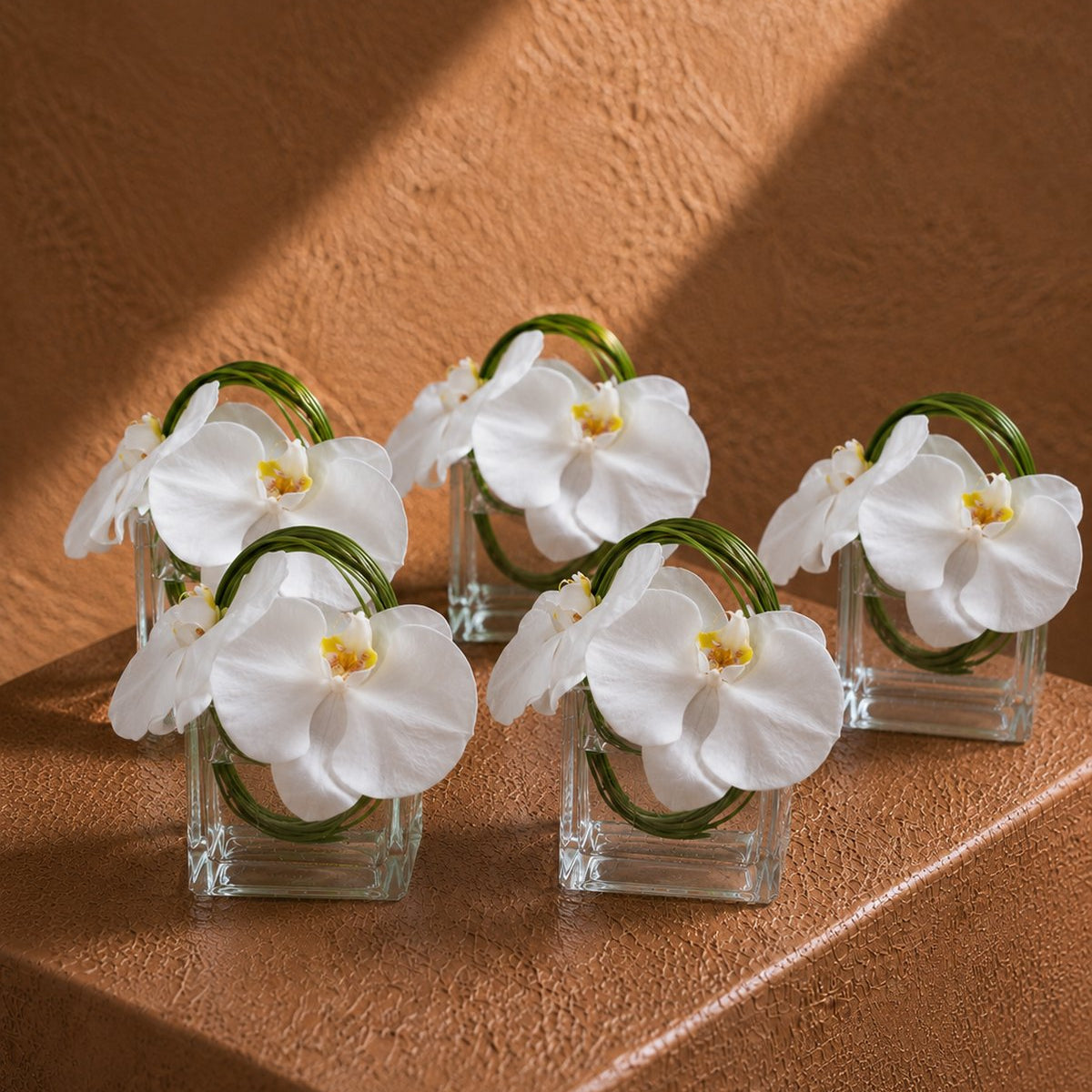 White phalaenopsis orchids with bear grass in clear glass cubes - Everly by AIWA Flowers