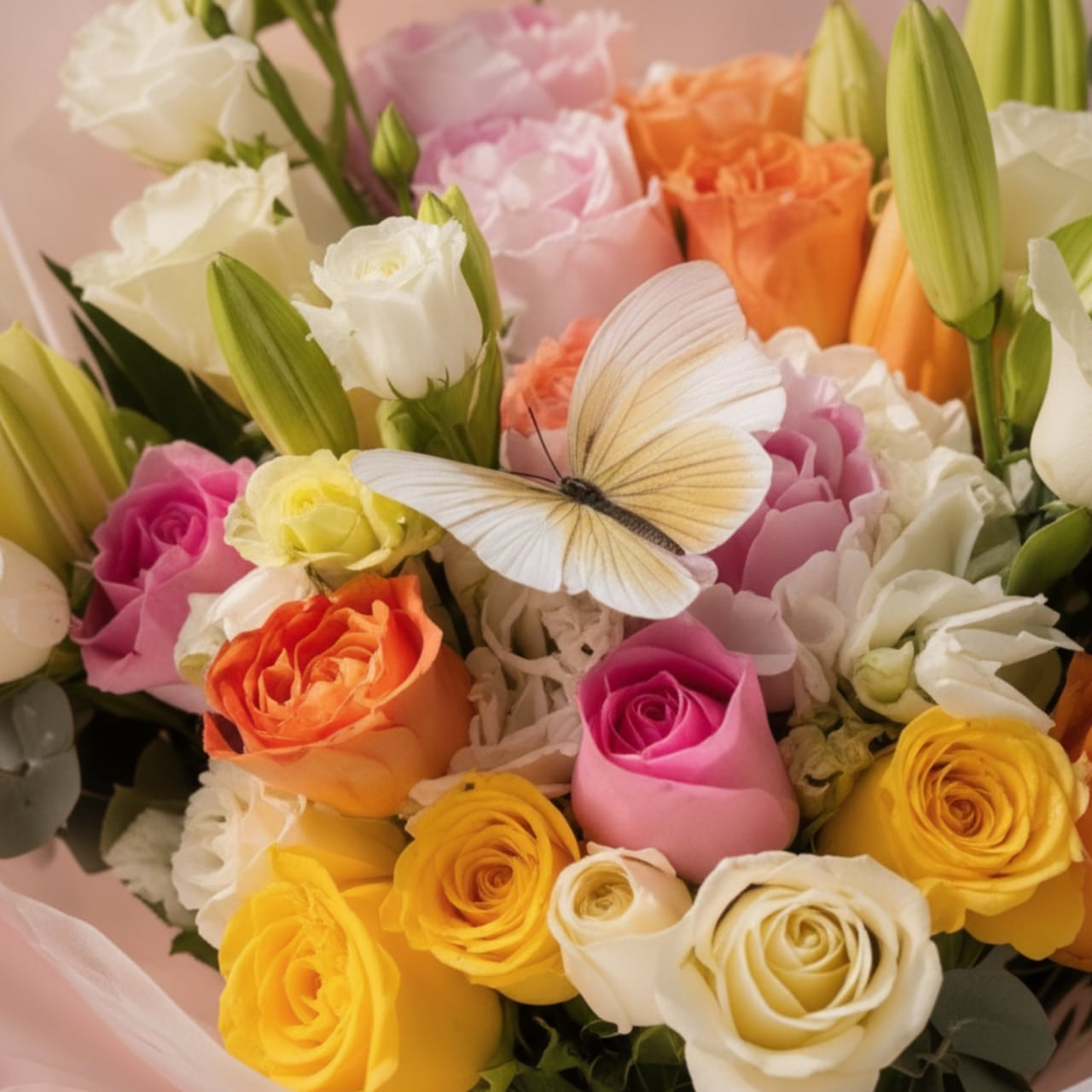 Close-up of multicolor roses and lisianthus with butterfly by AIWA Flowers Dubai