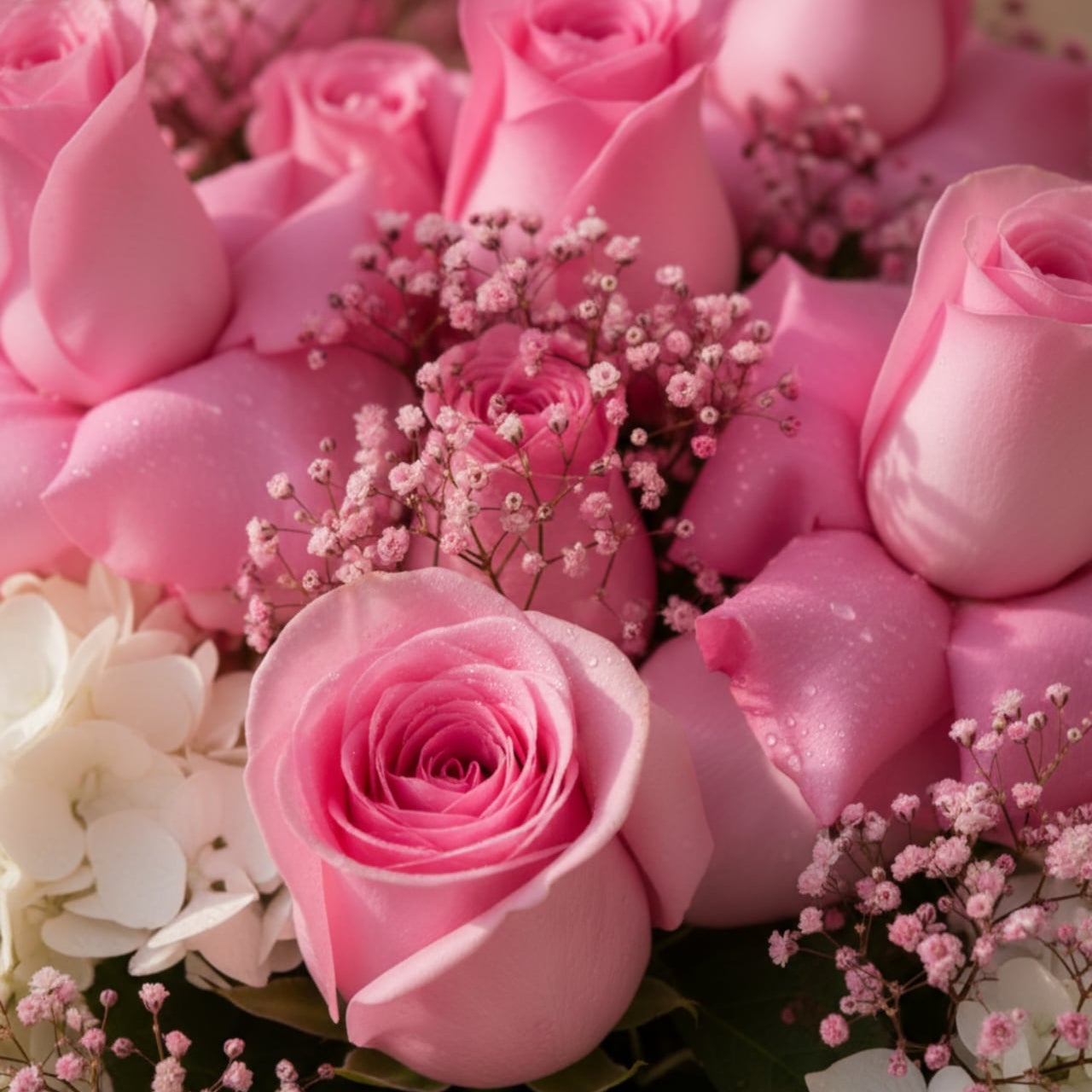 Close-up of pink roses with pink gypsophila by AIWA Flowers Dubai
