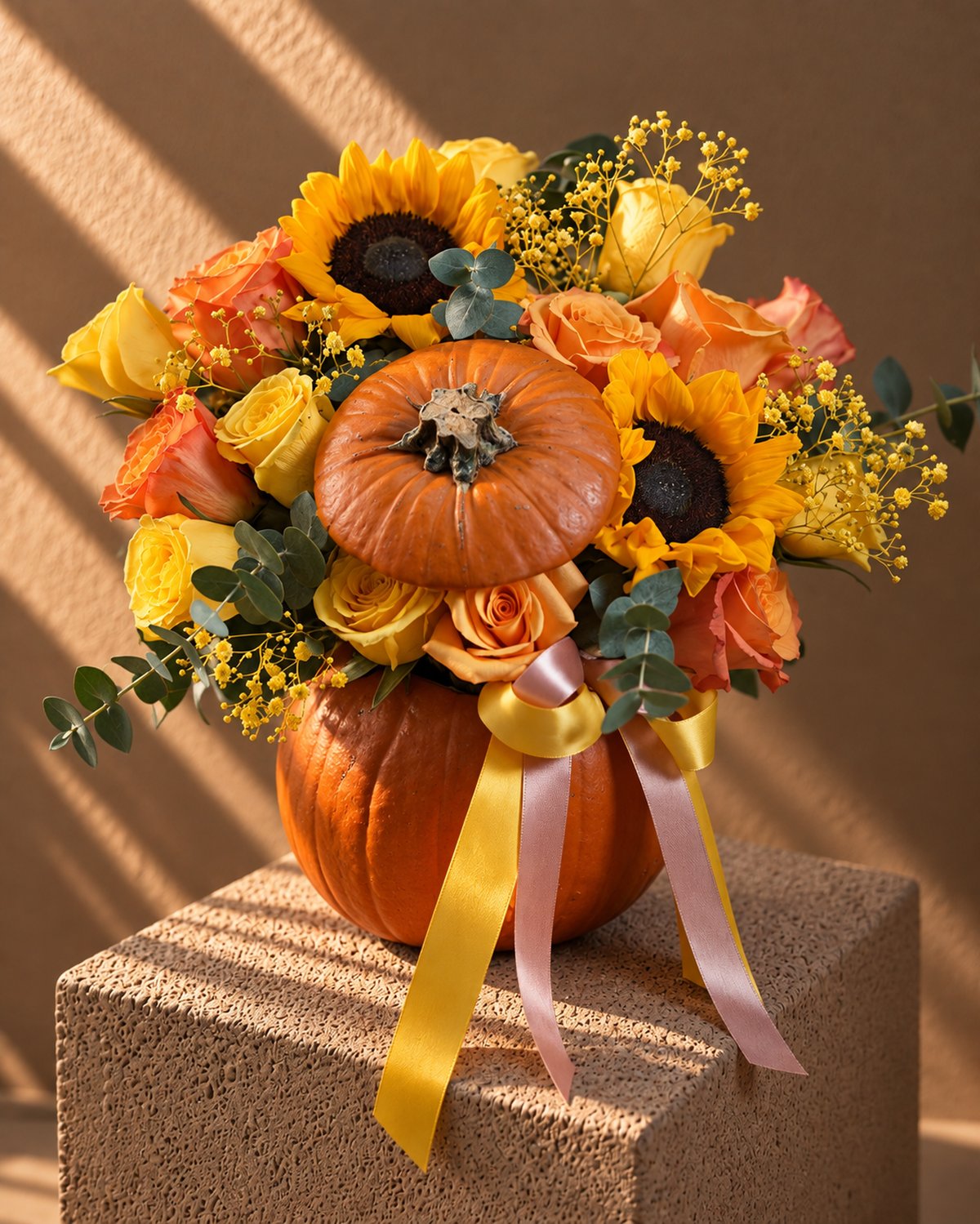 Ghost Halloween arrangement of sunflowers and yellow and orange roses in a fresh pumpkin with ribbons