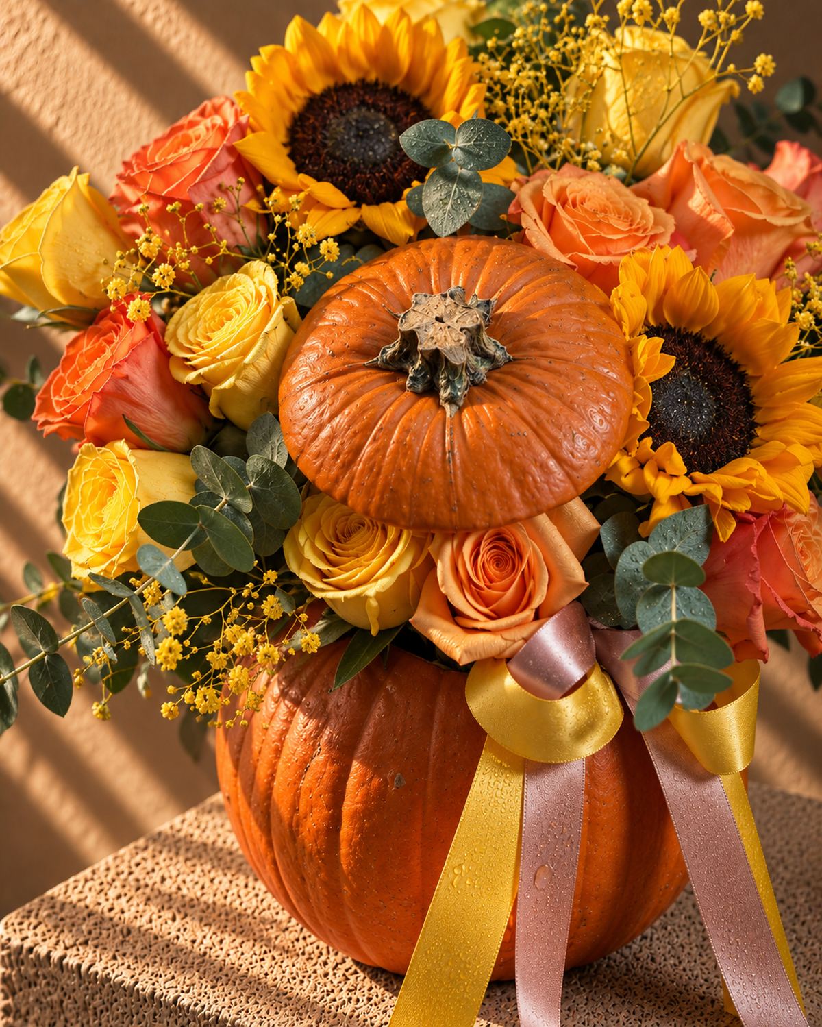 Close-up of sunflowers, orange roses and a mini pumpkin topper in the Ghost arrangement