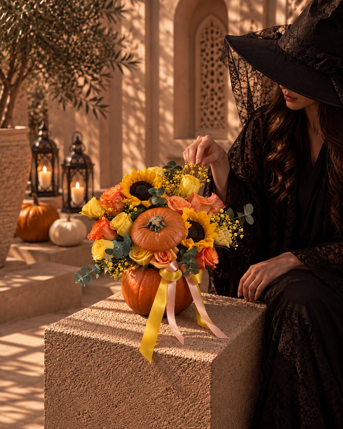 Ghost sunflower pumpkin arrangement styled beside a woman in a witch hat in a lantern-lit courtyard
