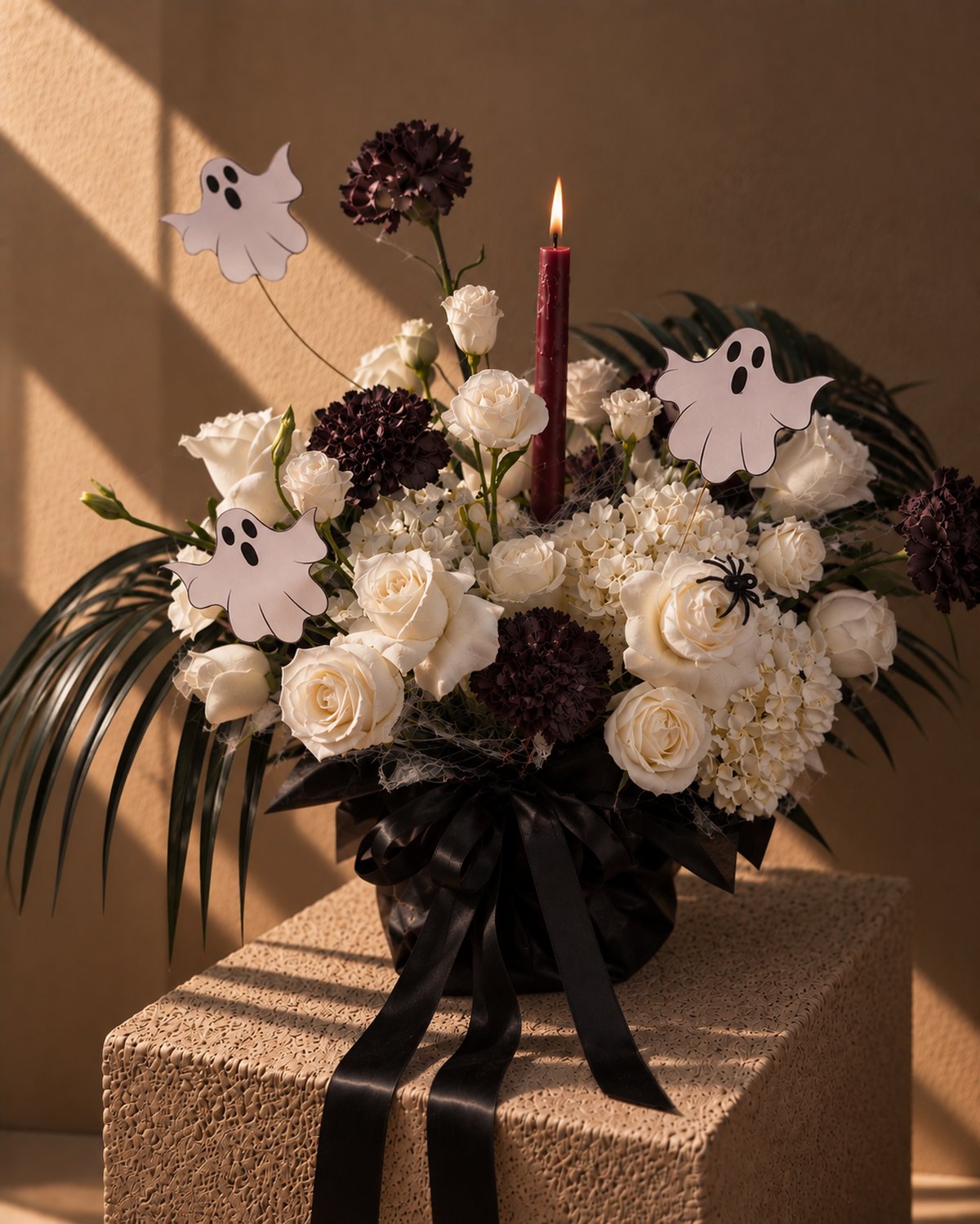 Ghostly Garden Halloween arrangement of white roses, black carnations, a red candle and ghost picks