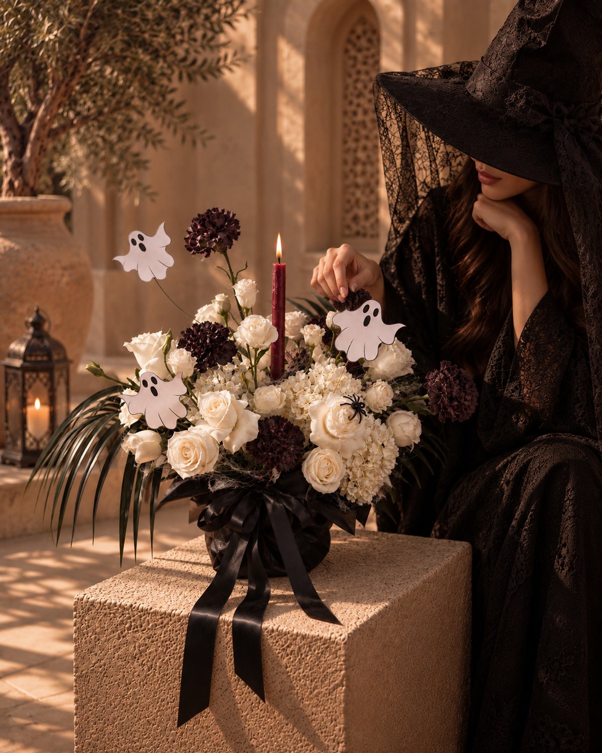 Ghostly Garden Halloween arrangement styled beside a woman in a witch hat in a courtyard