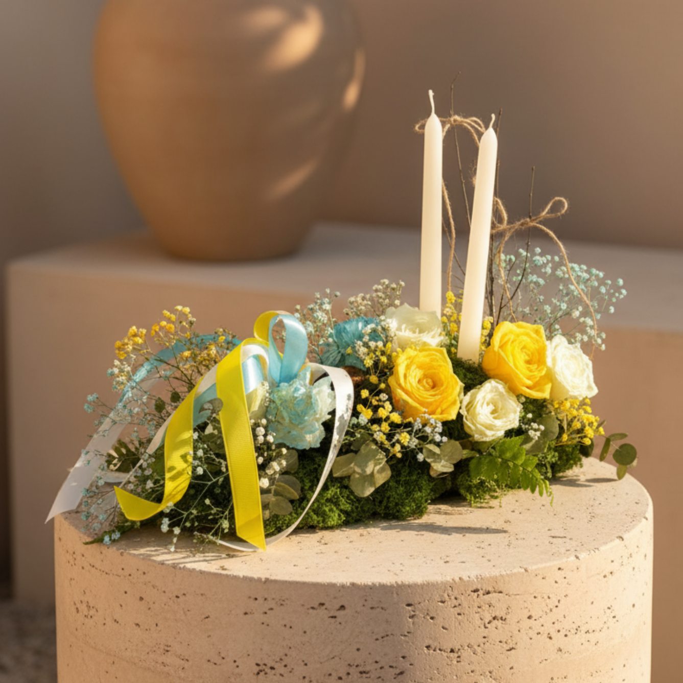 Easter centerpiece with yellow and white roses, blue carnations, and ribbons on moss base, Aiwa Flowers Dubai