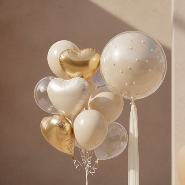gold and pearl helium balloon set with heart balloons and pearl bubble balloon