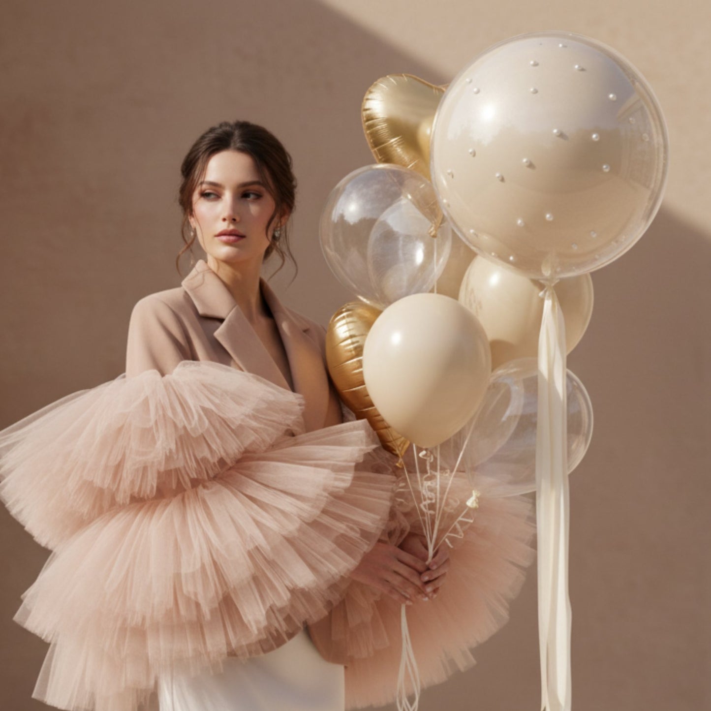 model holding gold pearl balloon set with transparent and beige balloons