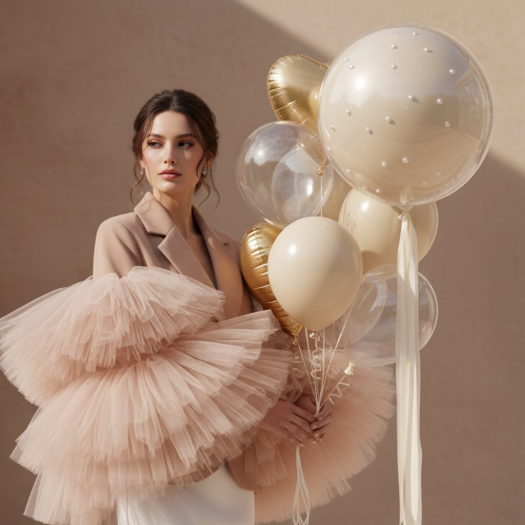 model holding gold pearl balloon set with transparent and beige balloons