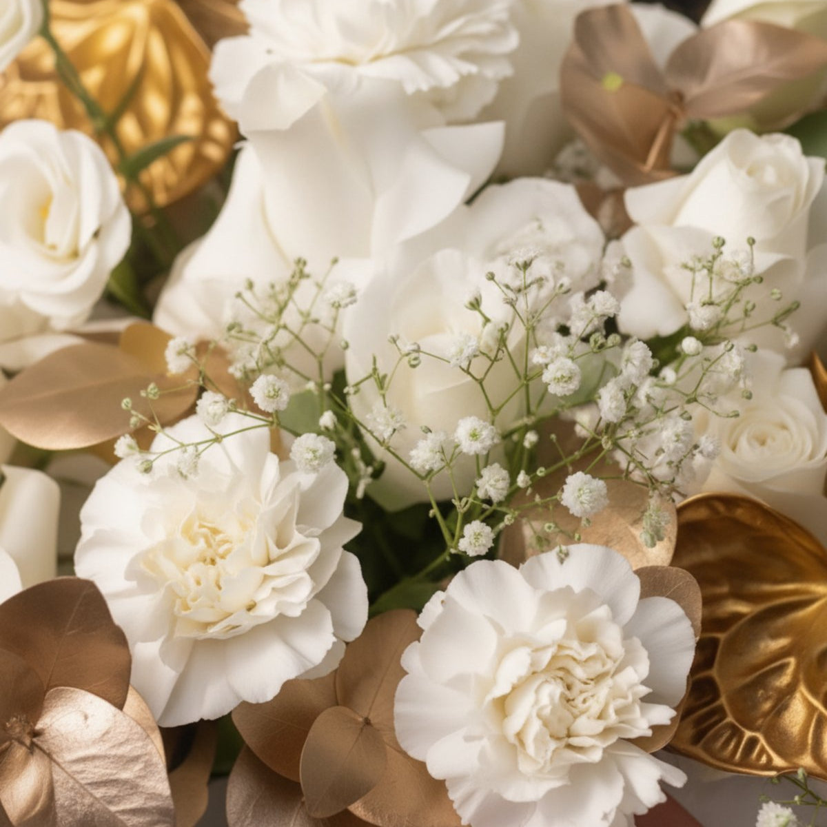 Close-up of gold-painted anthurium and white roses by AIWA Flowers Dubai