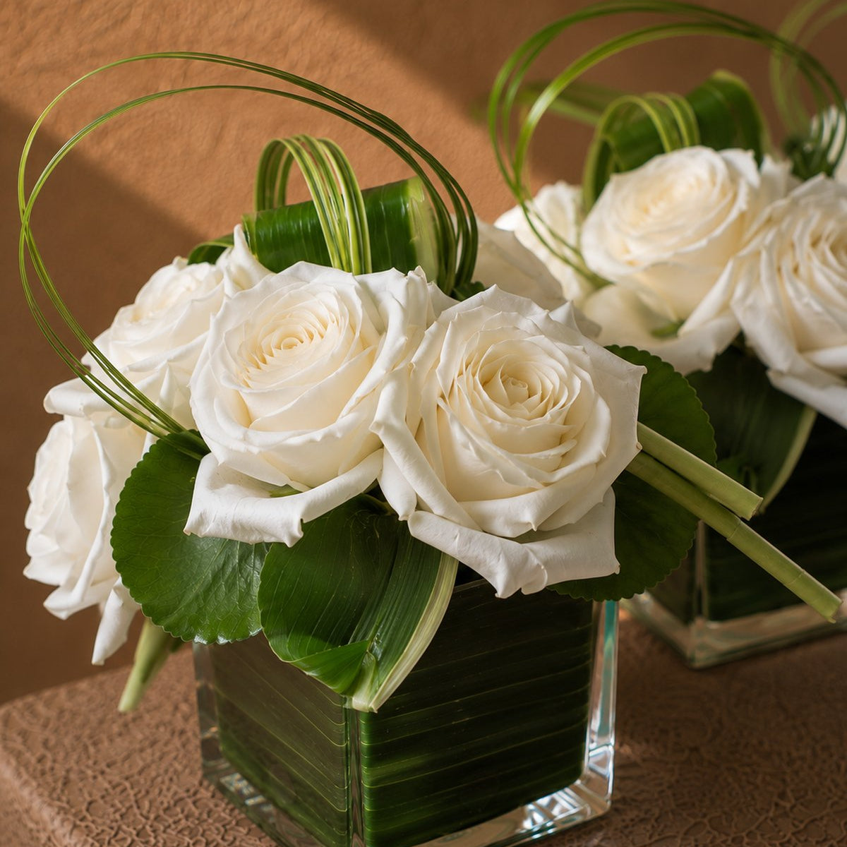 Grace white rose arrangement with green leaf lining in a clear glass cube by AIWA Flowers