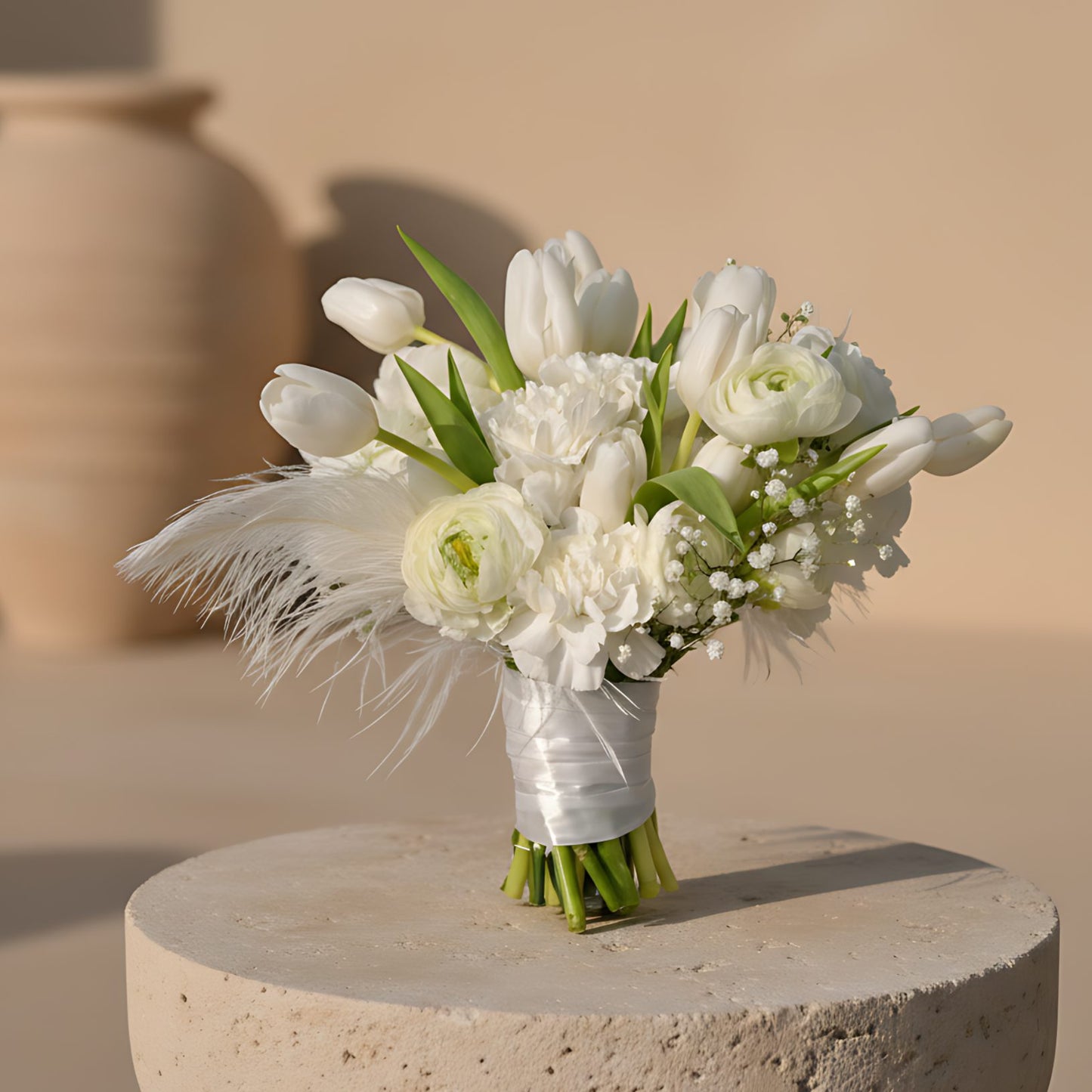 Gratitude bridal bouquet with white tulips, carnations, ranunculus, gypsophila and feather accents by Aiwa Flowers