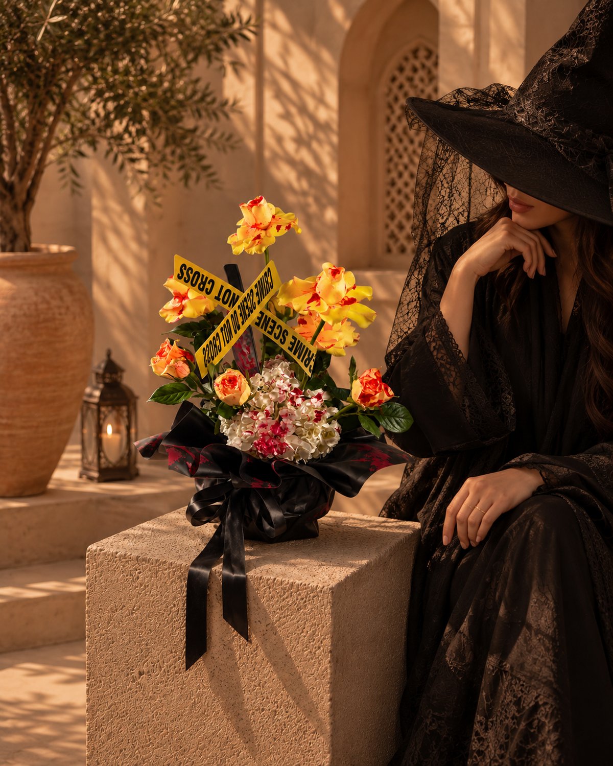 Haunted Harvest crime scene Halloween arrangement styled beside a woman in a witch hat