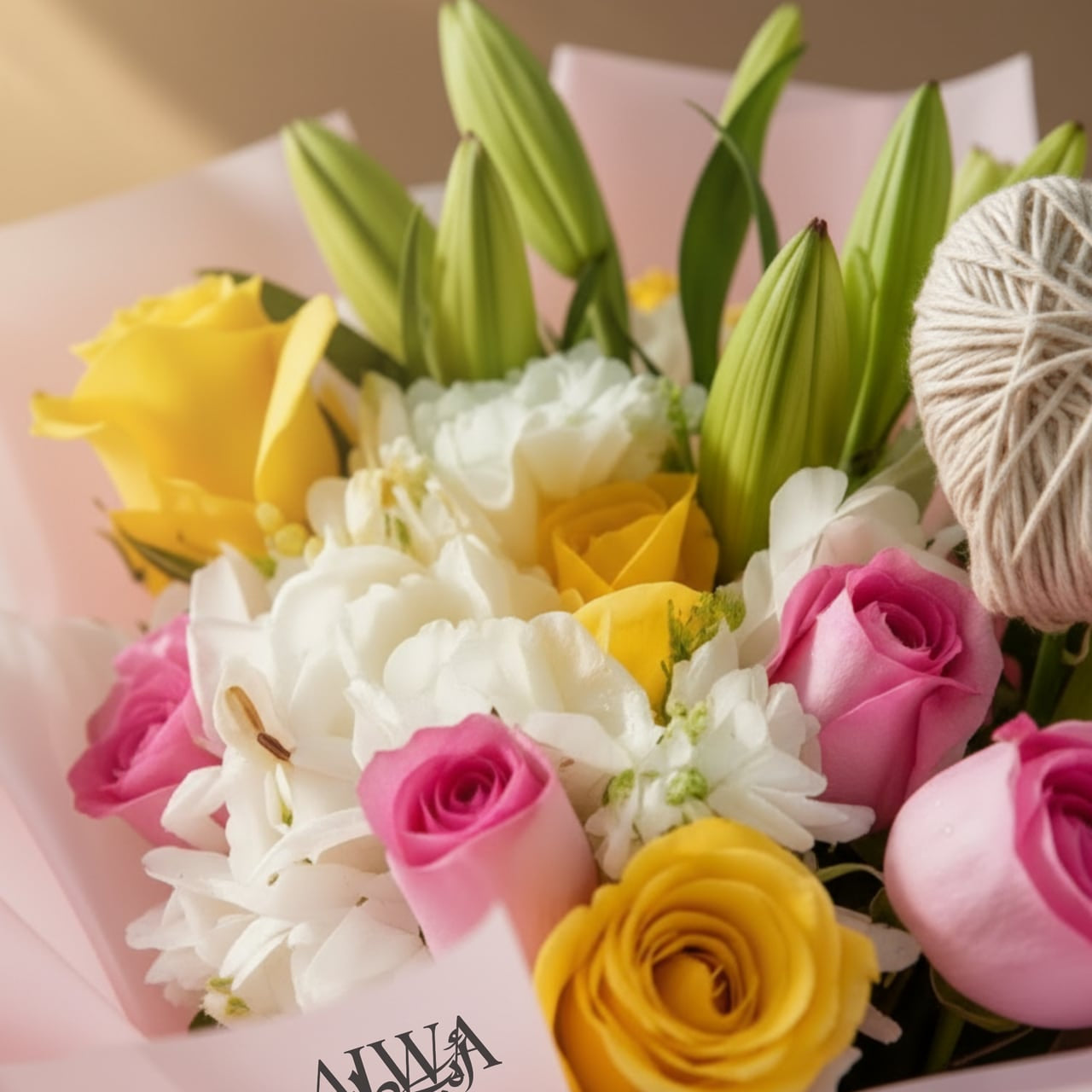 Close-up of pink, yellow roses and lily buds with heart accent by AIWA Flowers Dubai