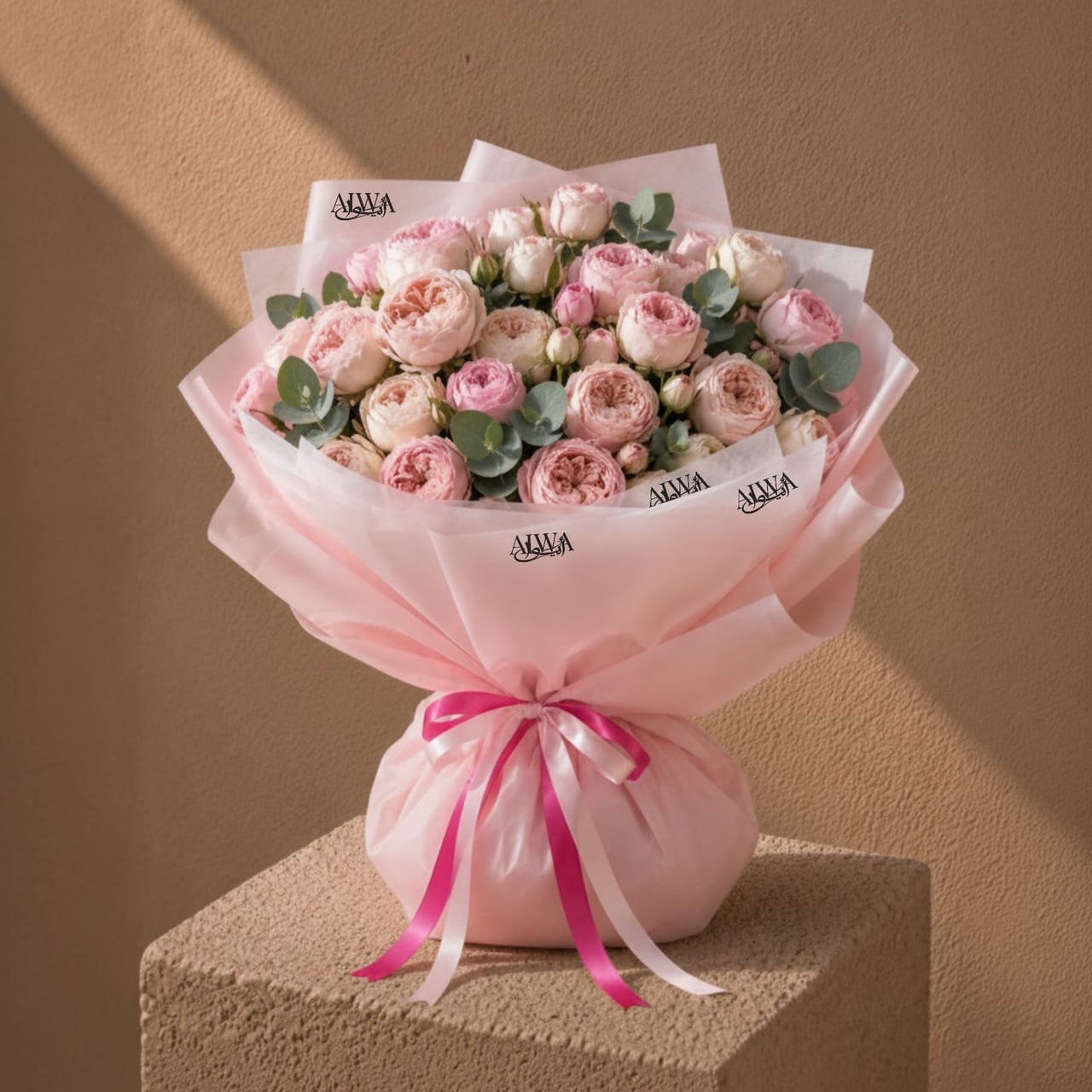 Blush pink garden rose bouquet in pink wrap by AIWA Flowers Dubai