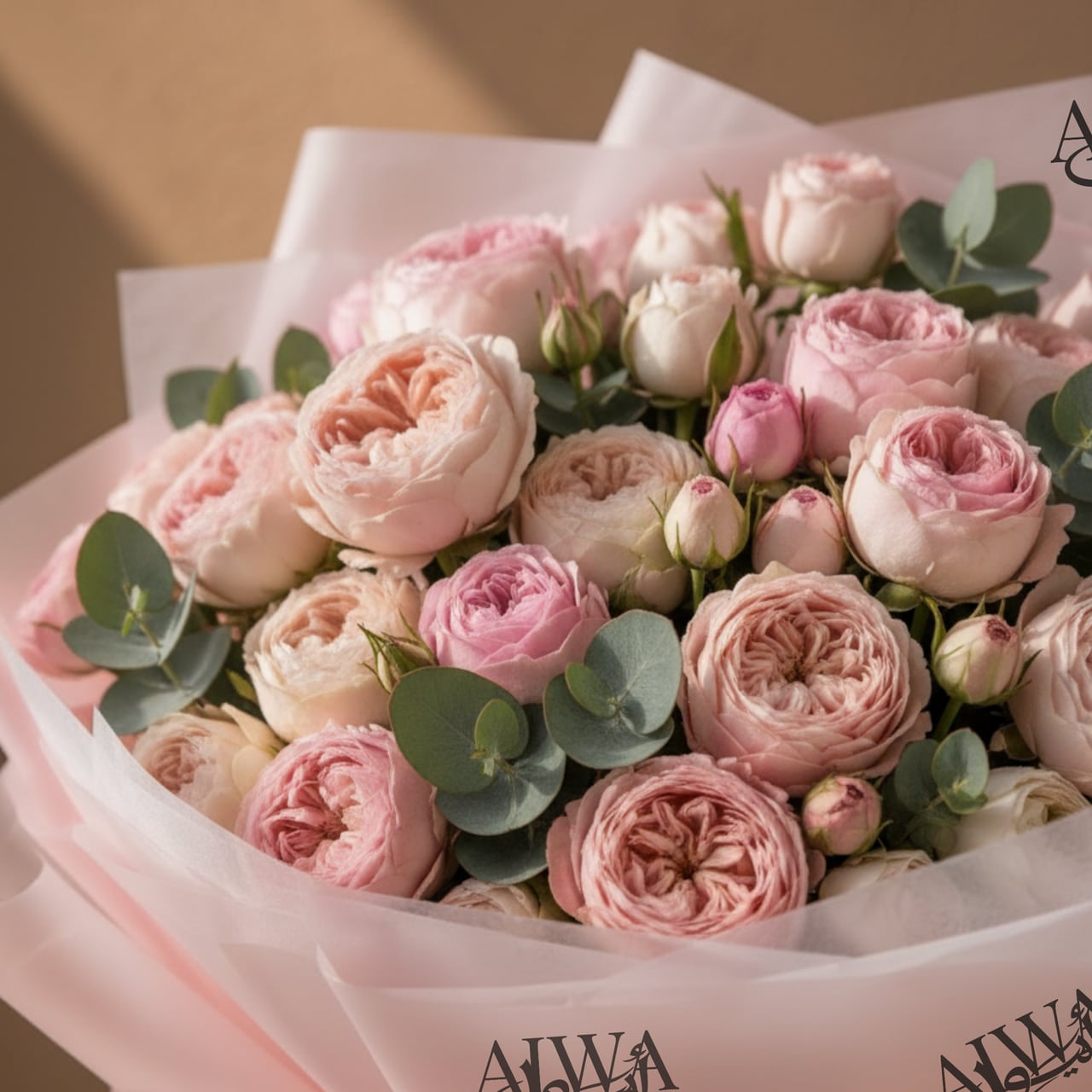 Close-up of blush pink garden roses by AIWA Flowers Dubai