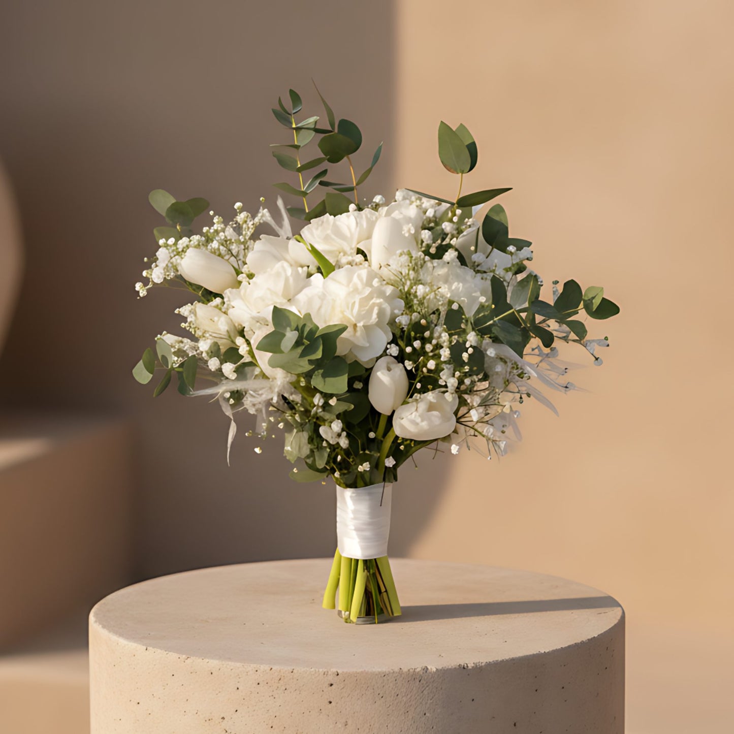 Hope bridal bouquet with white tulips, carnations, eucalyptus, gypsophila and feather accents by Aiwa Flowers