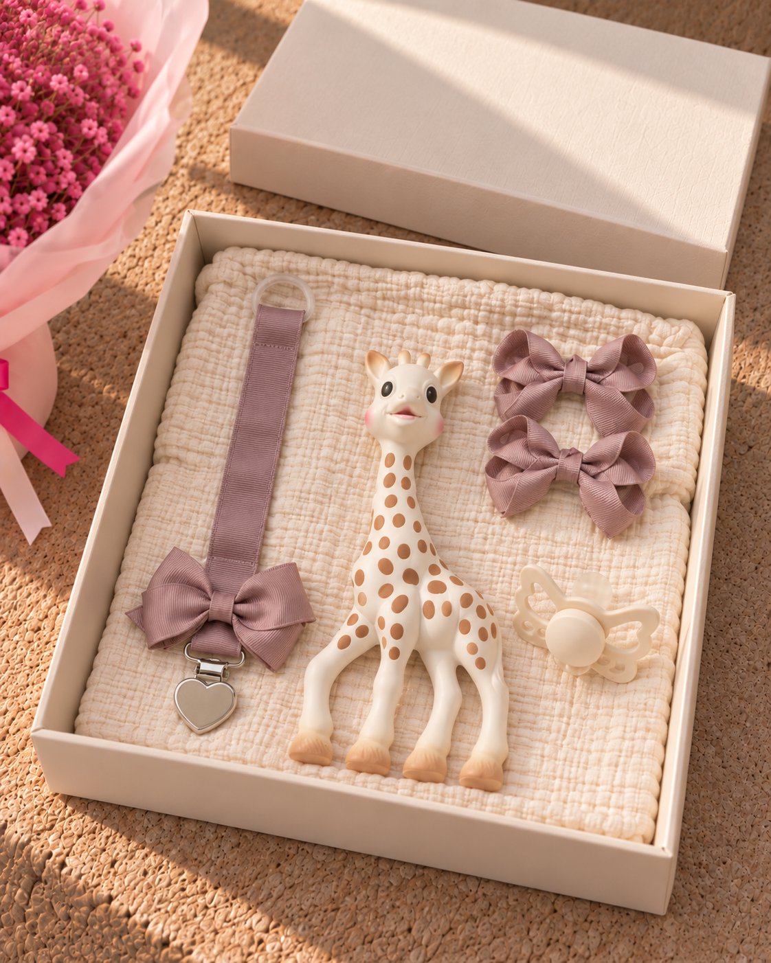 Baby gift box with giraffe teether, mauve bow pacifier clip, hair bows and muslin cloth in the Hoppy Blooms set