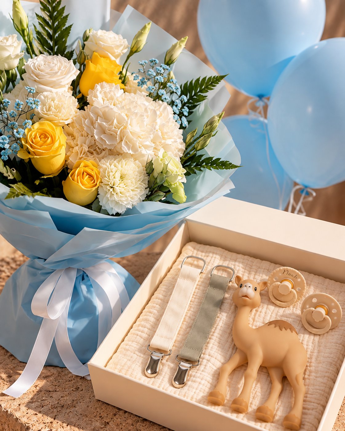 Baby boy gift box with camel teether, two pacifiers and two pacifier clips beside a blue bouquet and balloons