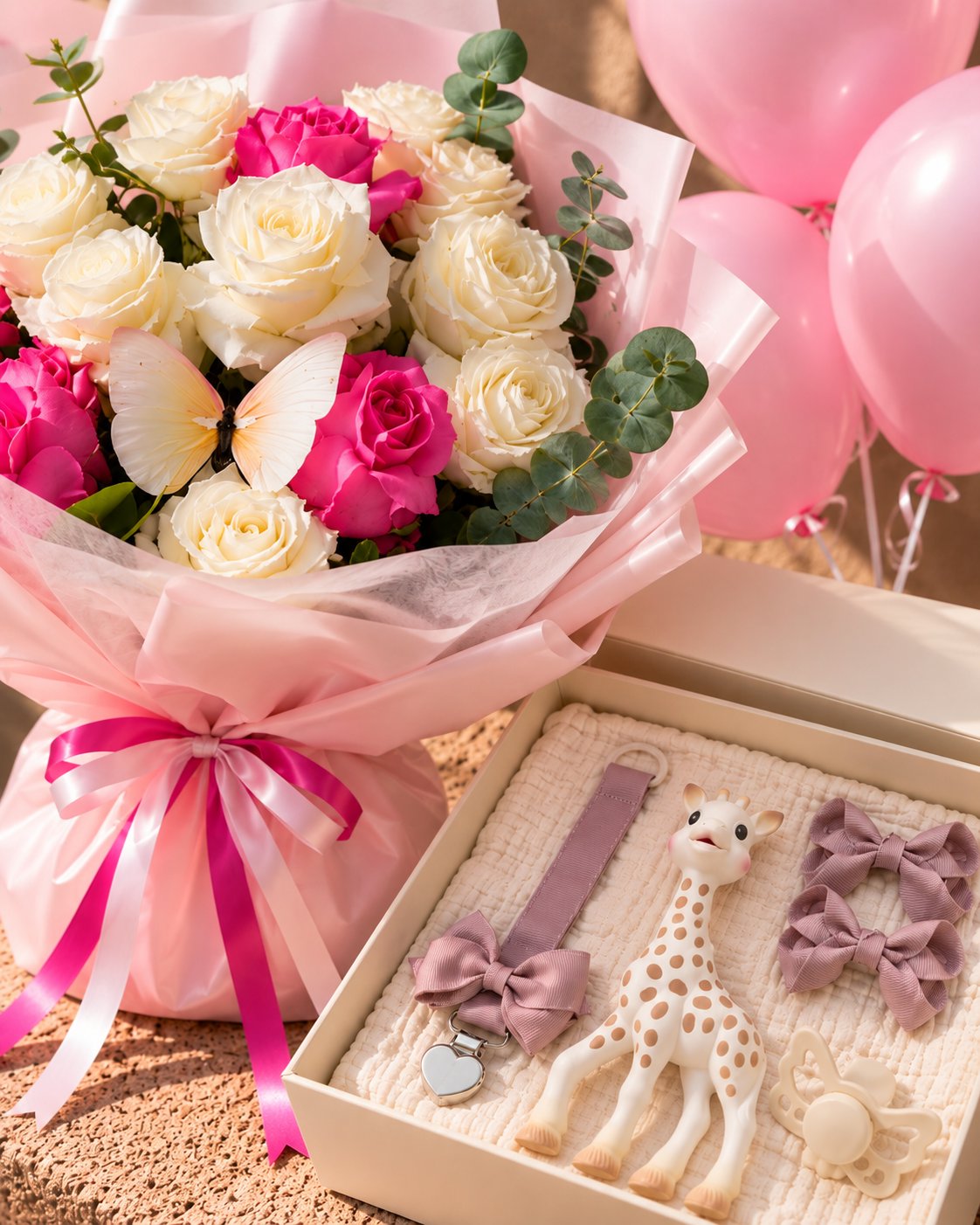 Baby girl gift box with giraffe teether, mauve bow pacifier clip, hair bows and pacifier beside a pink bouquet and balloons