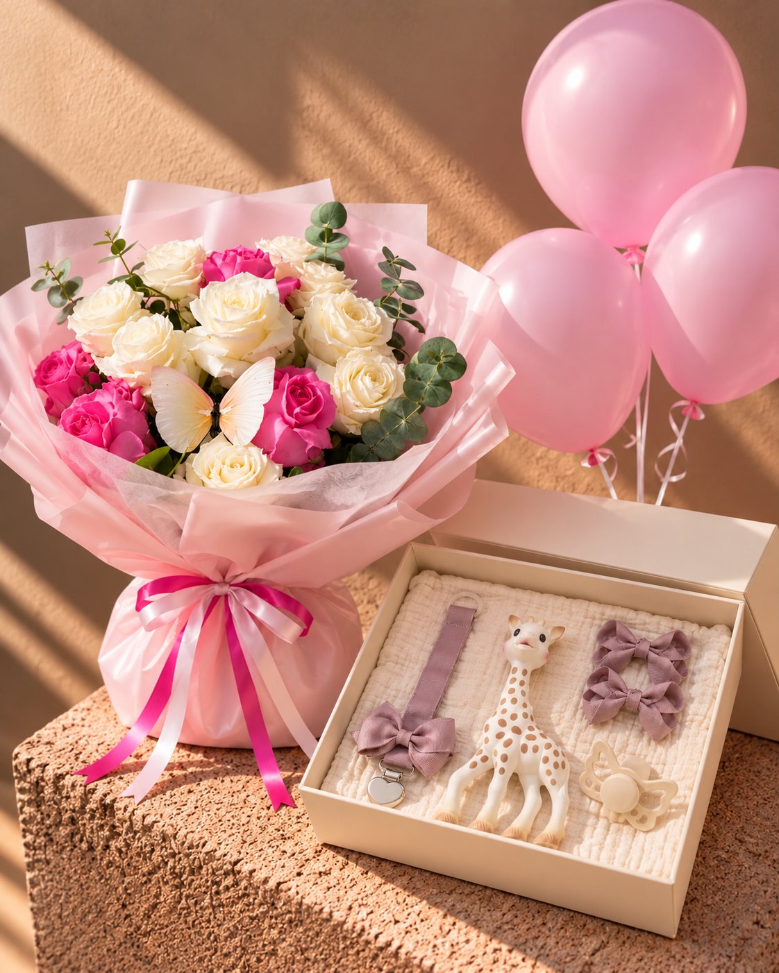 It's a Girl Hamper with pink and white rose bouquet, pink balloons and a baby gift box by AIWA Flowers Dubai