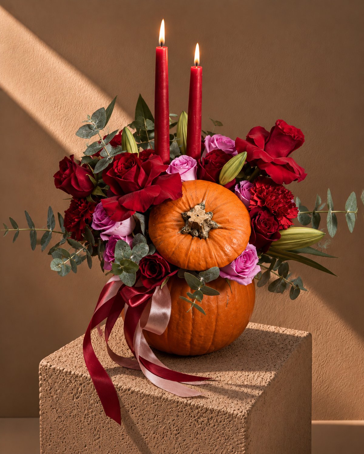 Jack Halloween arrangement of red and lilac roses with red candles in a fresh pumpkin