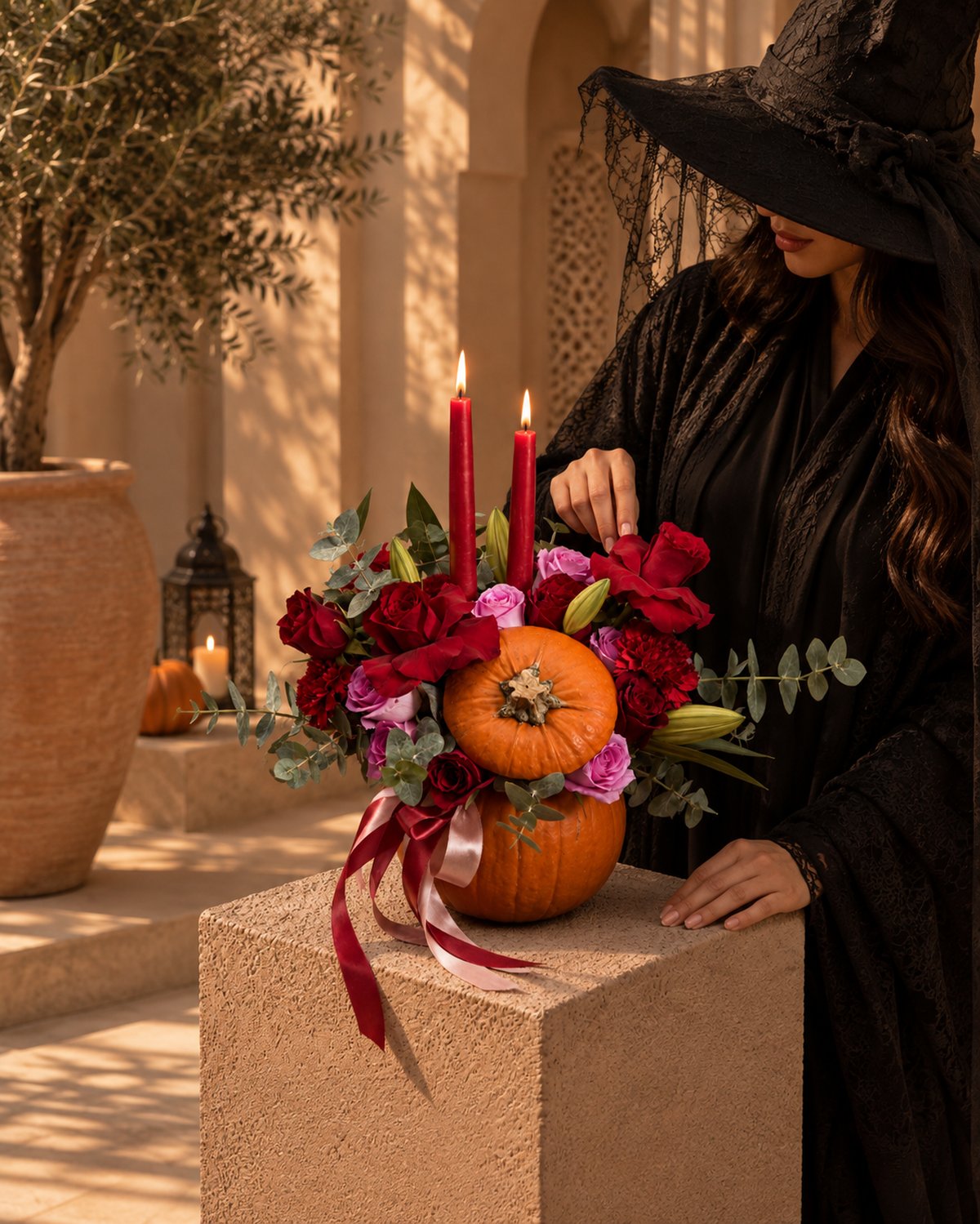 Jack red rose and candle pumpkin arrangement styled in a lantern-lit courtyard