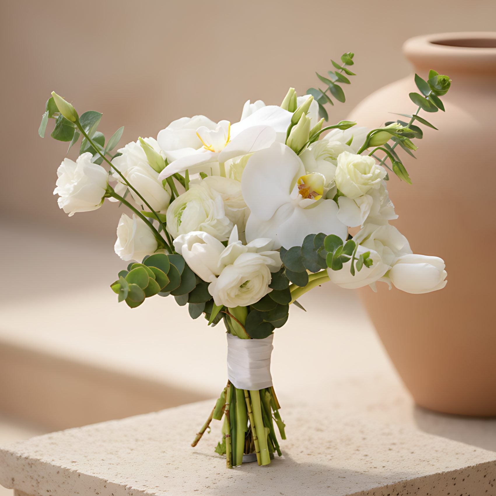 Kaleidoscope bridal bouquet with white ranunculus, tulips, lisianthus, orchid stems and eucalyptus by Aiwa Flowers