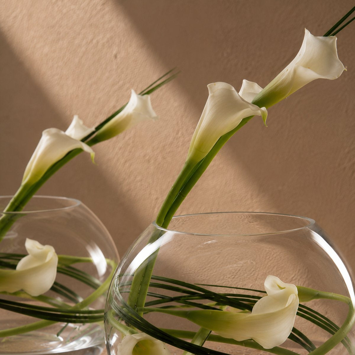 Laura white calla lily arrangement with bear grass in a round clear glass bowl by AIWA Flowers