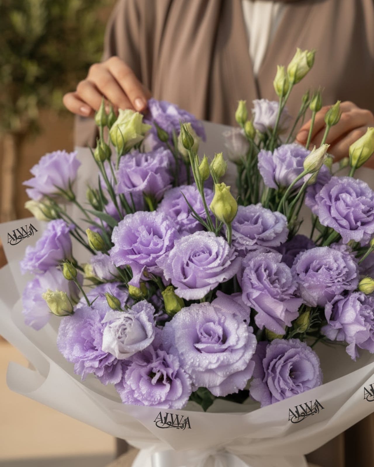 Close-up of purple lisianthus blooms by AIWA Flowers Dubai